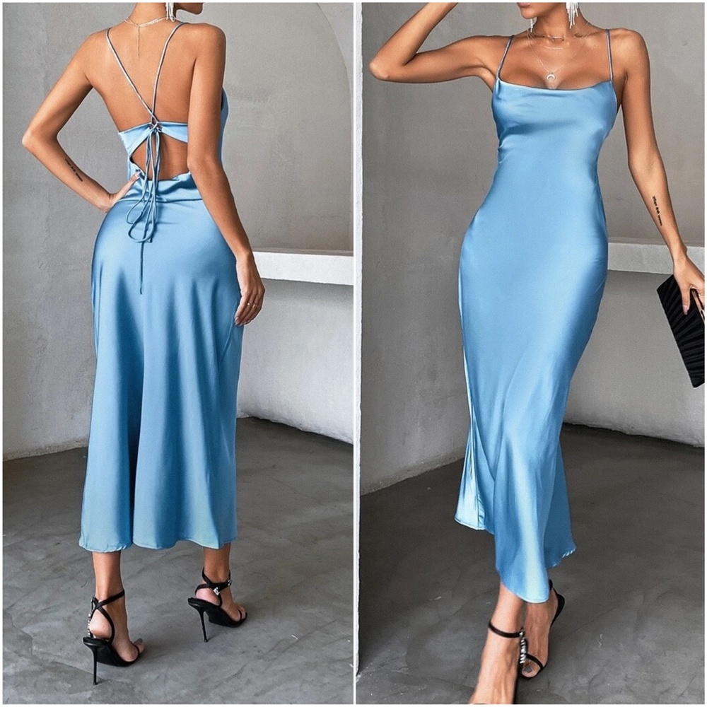 Luxe Satin Lace up back Backless Party Evening Dress - Picture 4 of 9